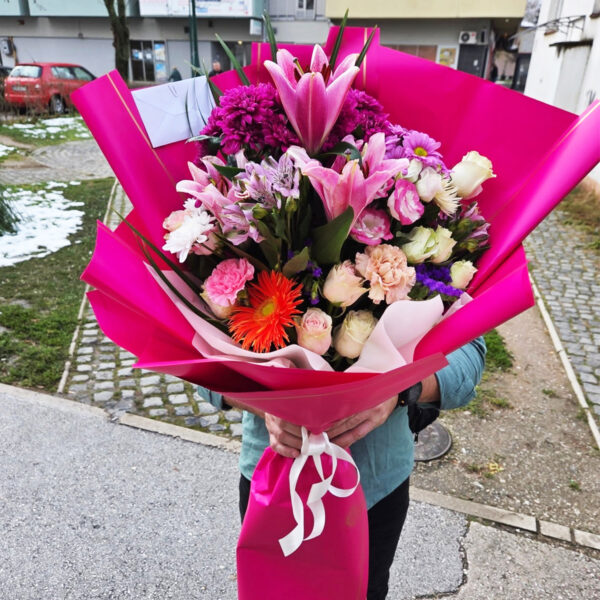 XL buket mix cvijeća - orjentalni ljiljan, gerber,ruže,karanfil i ukrasno zelenilo